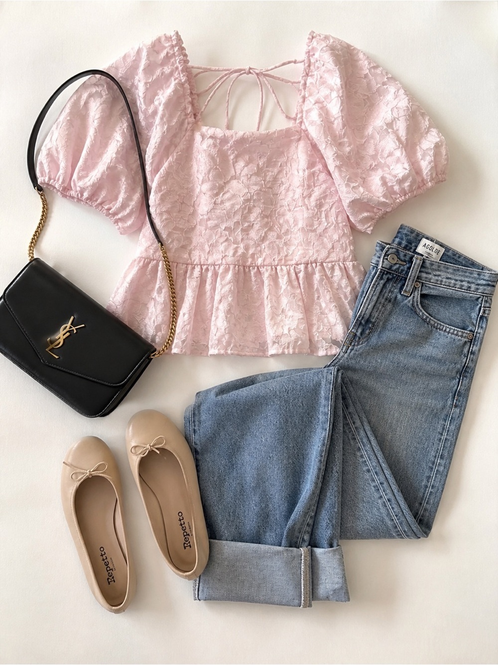 Moon River Pink Lace Puff-Sleeve Peplum Top